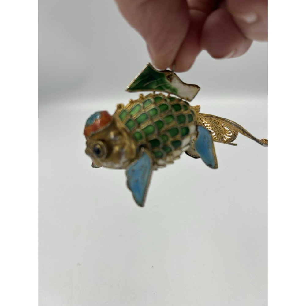 Vintage Cloisonne Green Enameled Gold Tone Articulating Koi Fish Pendant